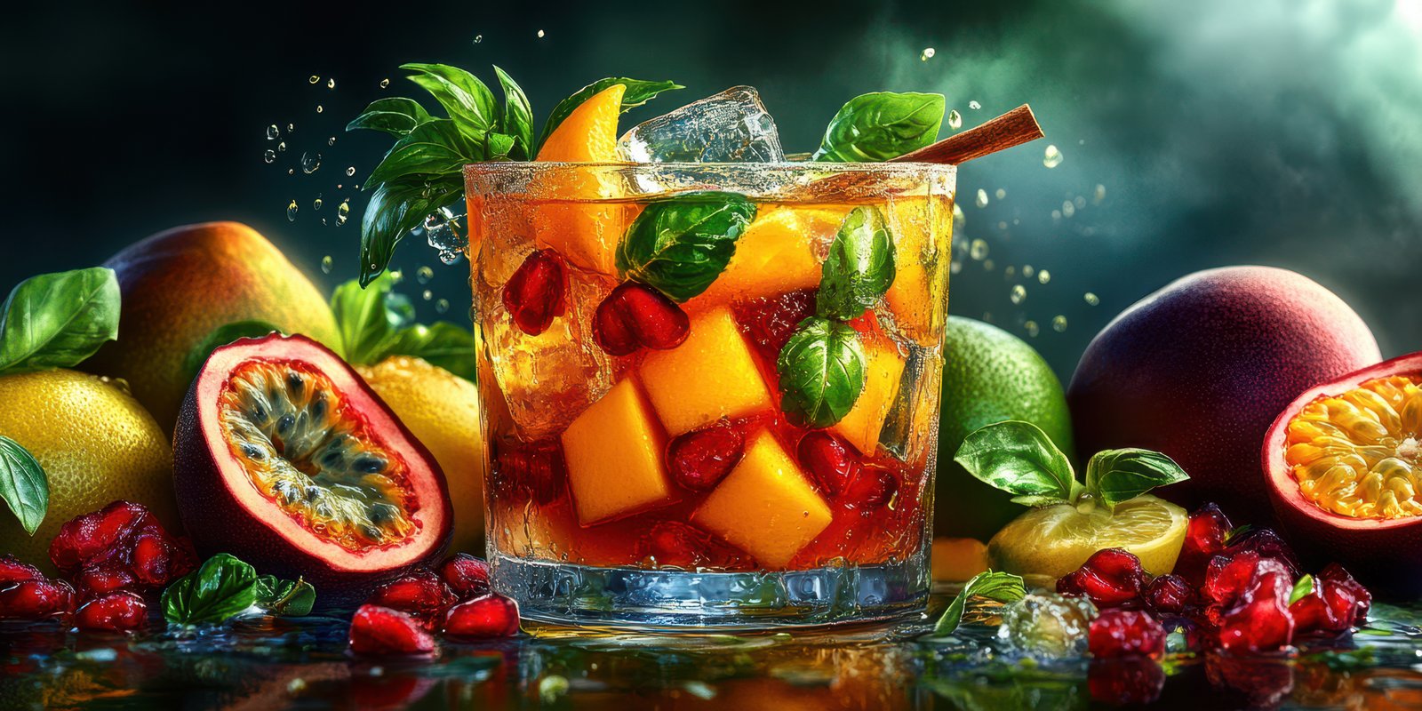 Colorful tropical cocktail with fresh fruits and herbs served in a glass on a dark background